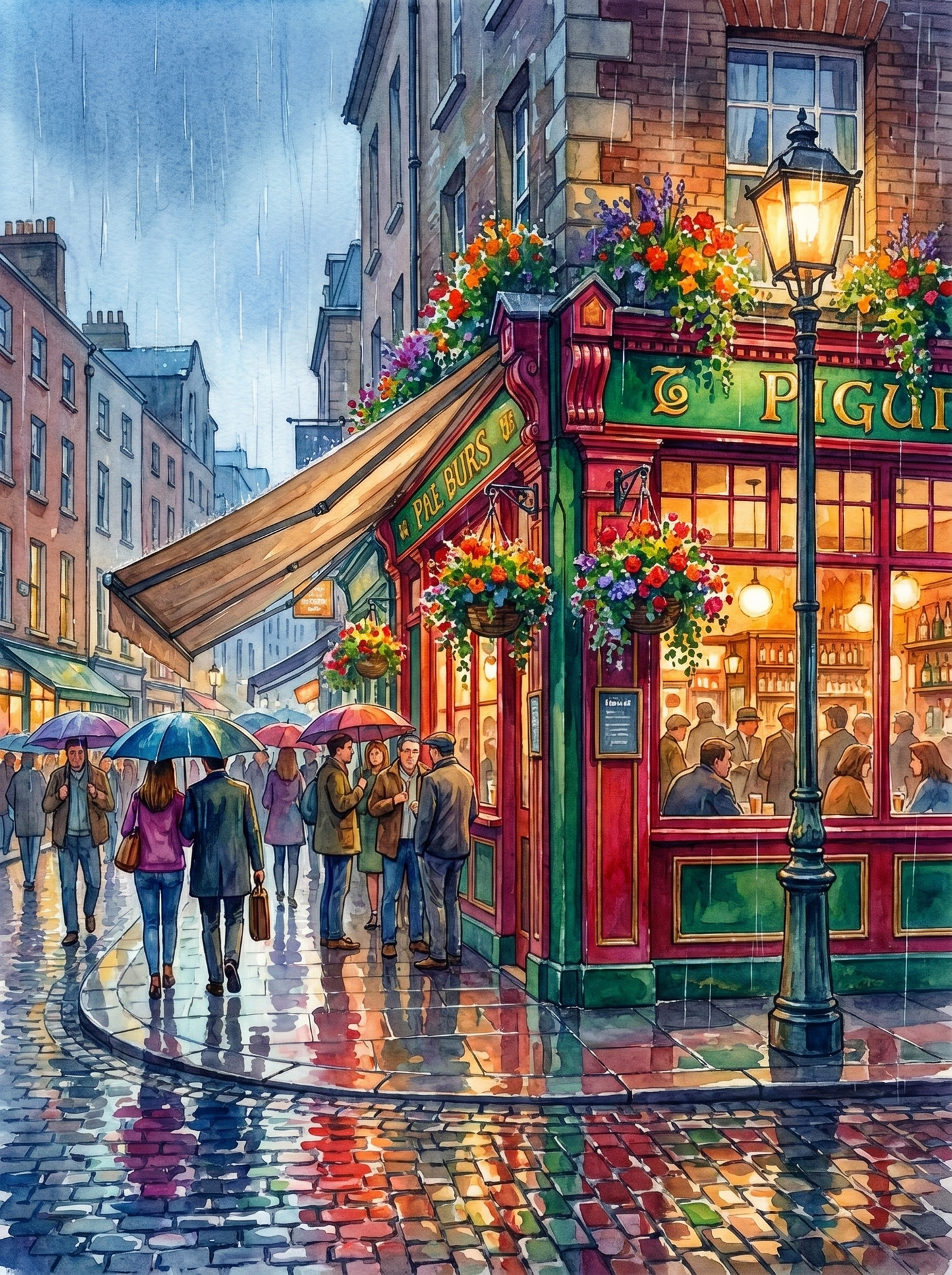 Dublin Rainy Pub Watercolor (150 Color Diamond Painting)