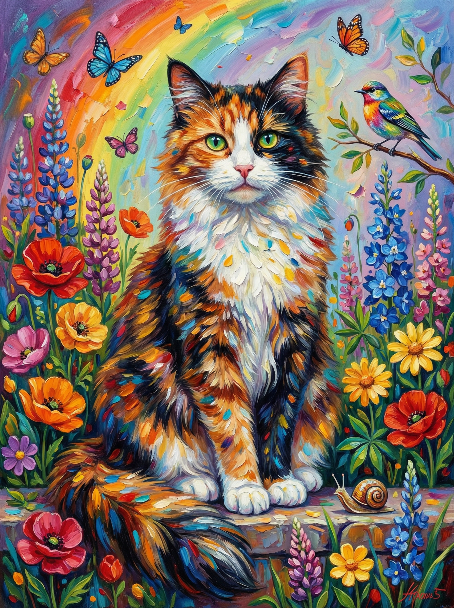 Whimsical Cat Bloom (Board Canvas)
