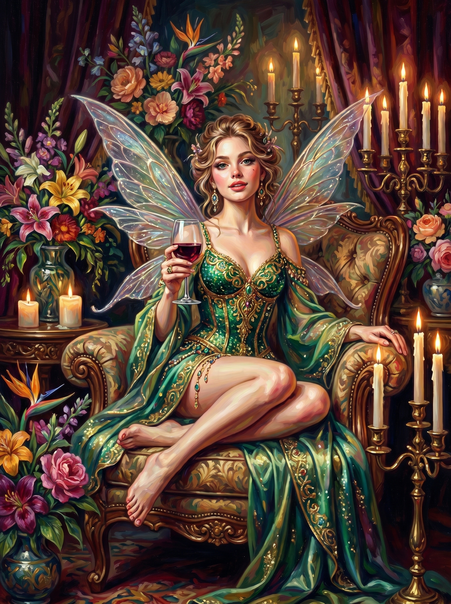 Emerald Gown Fairy Candlelit Wine (150 Color Diamond Painting)