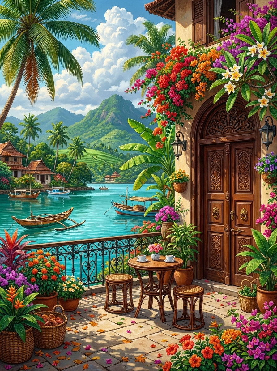 Tropical Seaside Balcony Café (Diamond Painting)