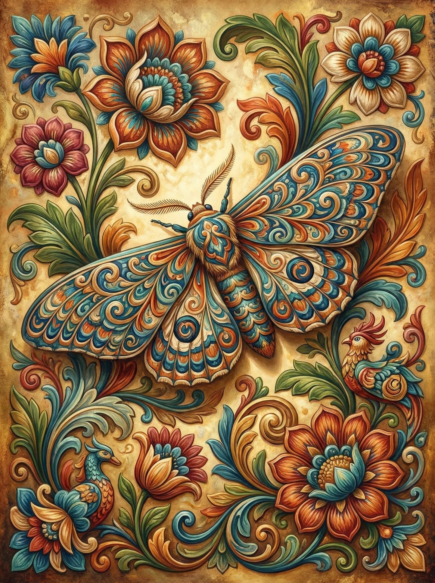 Folk Art Moth Scrollwork (100 Color Diamond Painting)