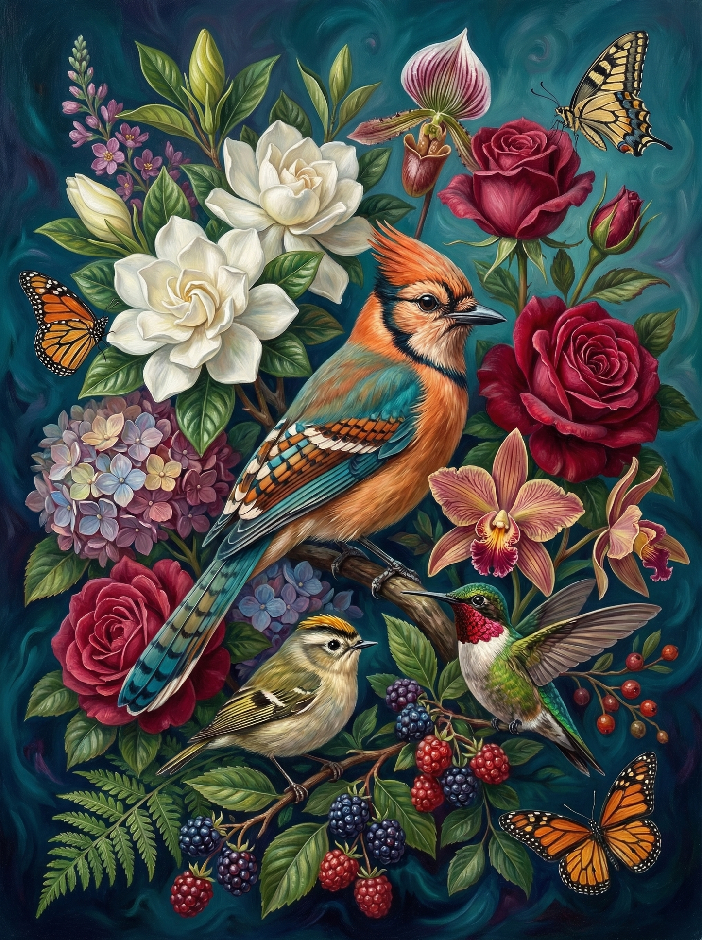 Garden Birds And Poppies (100 Color Diamond Painting)