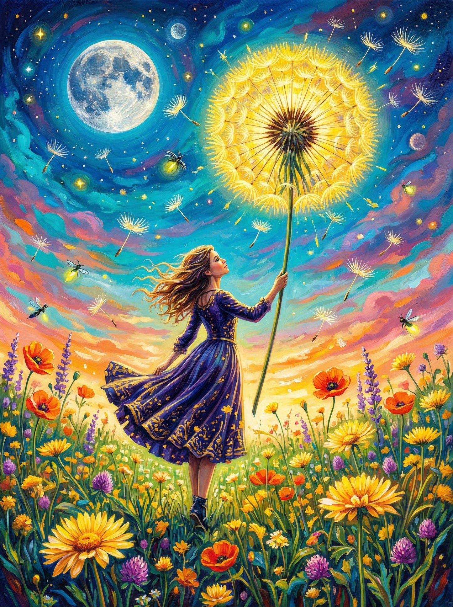 Girl Dandelion Moon Wishes (100 Color Diamond Painting)