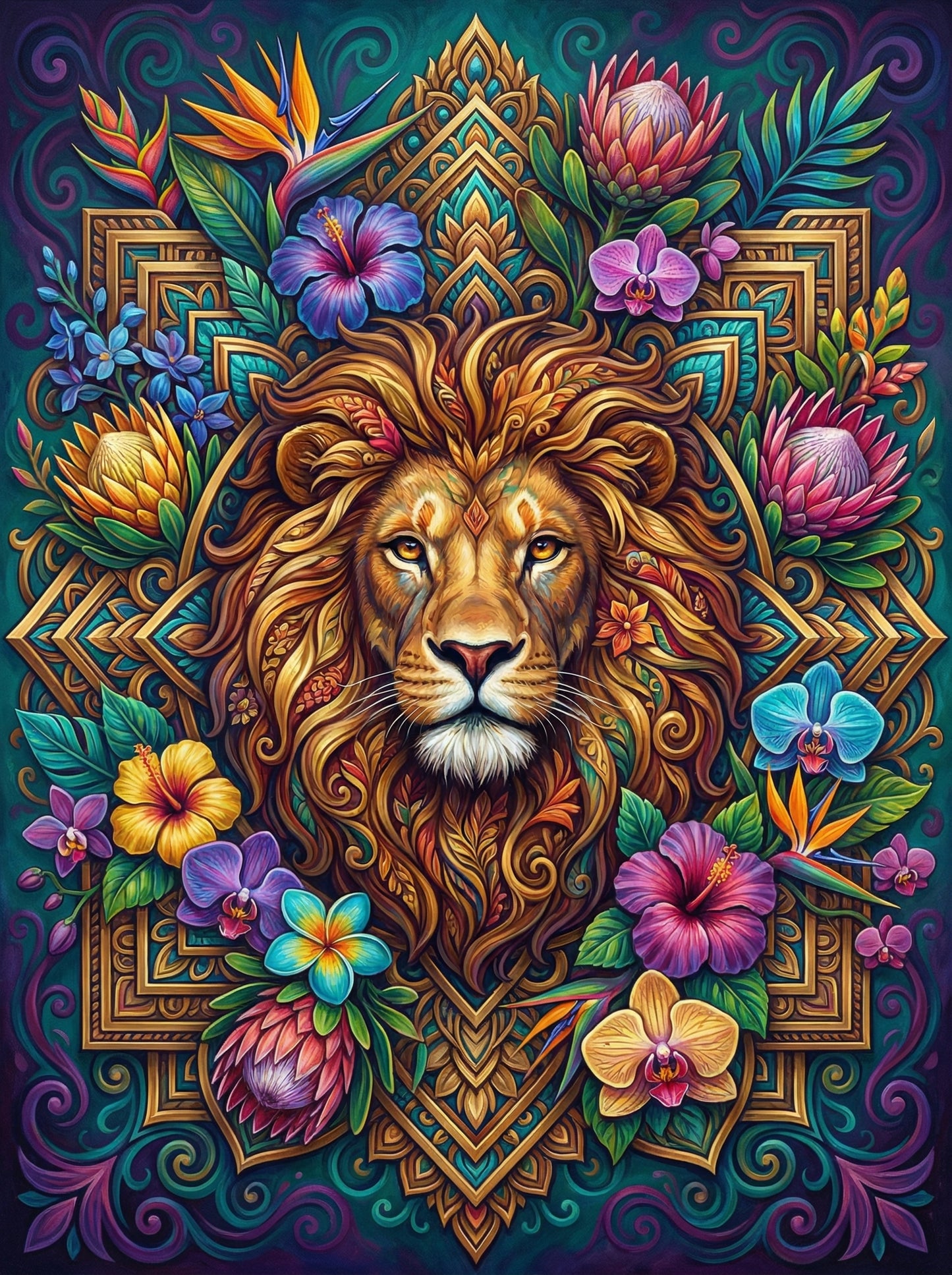 Golden Lion With Flowers (100 Color Diamond Painting)