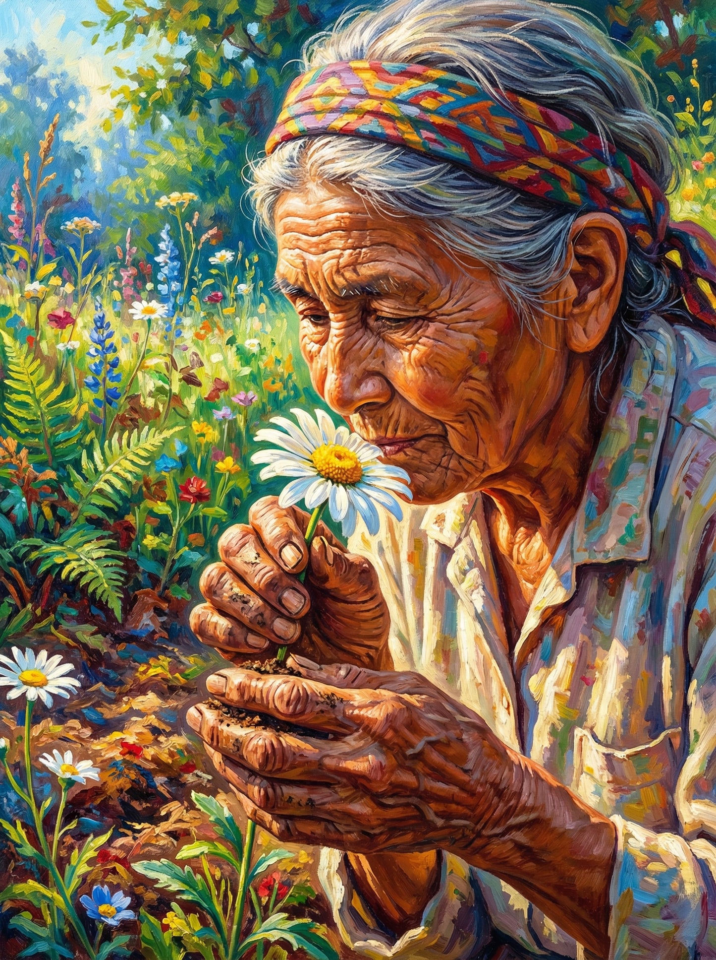 Grandmother Holding White Flower (100 Color Diamond Painting) Diamond Painting kit
