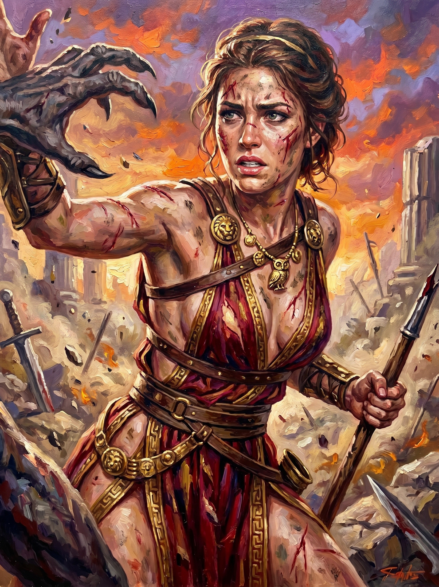 Greek Warrior Woman Clawed Beast (150 Color Diamond Painting)