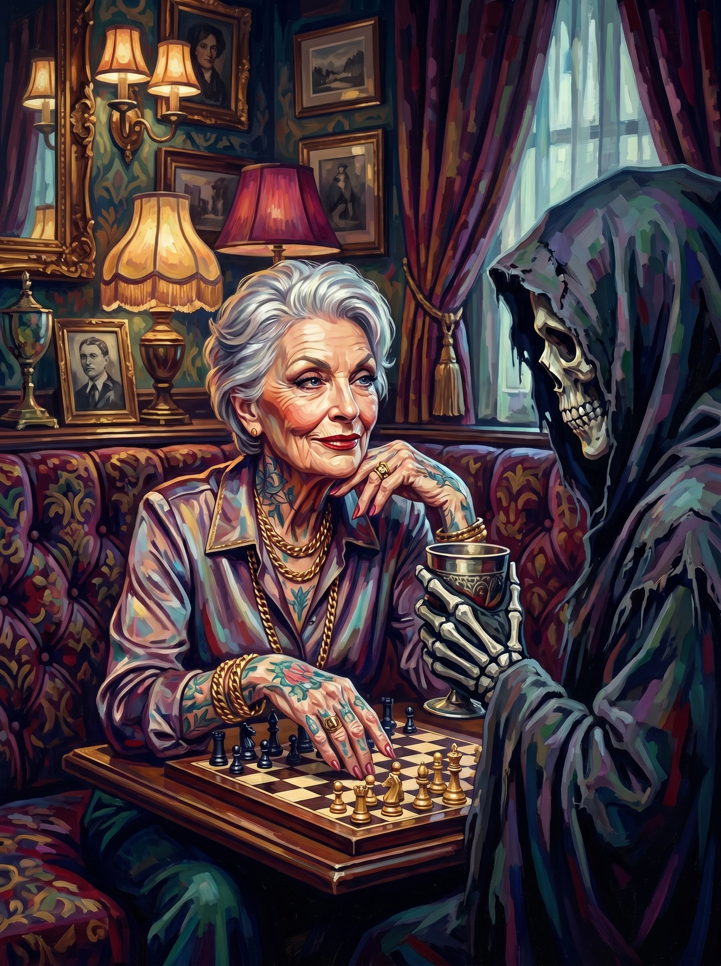 Grim Reaper Chess With Elder Woman (150 Color Diamond Painting)