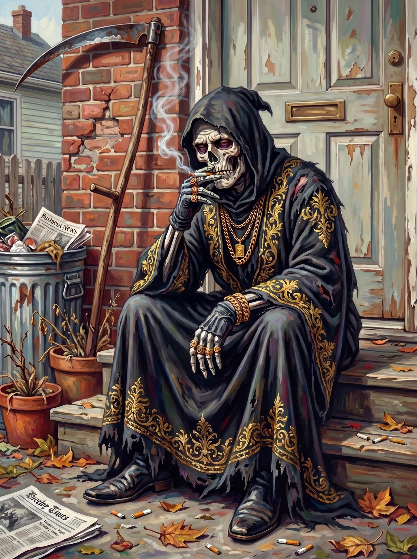Grim Reaper Tired Outside House 03 (150 Color Diamond Painting)