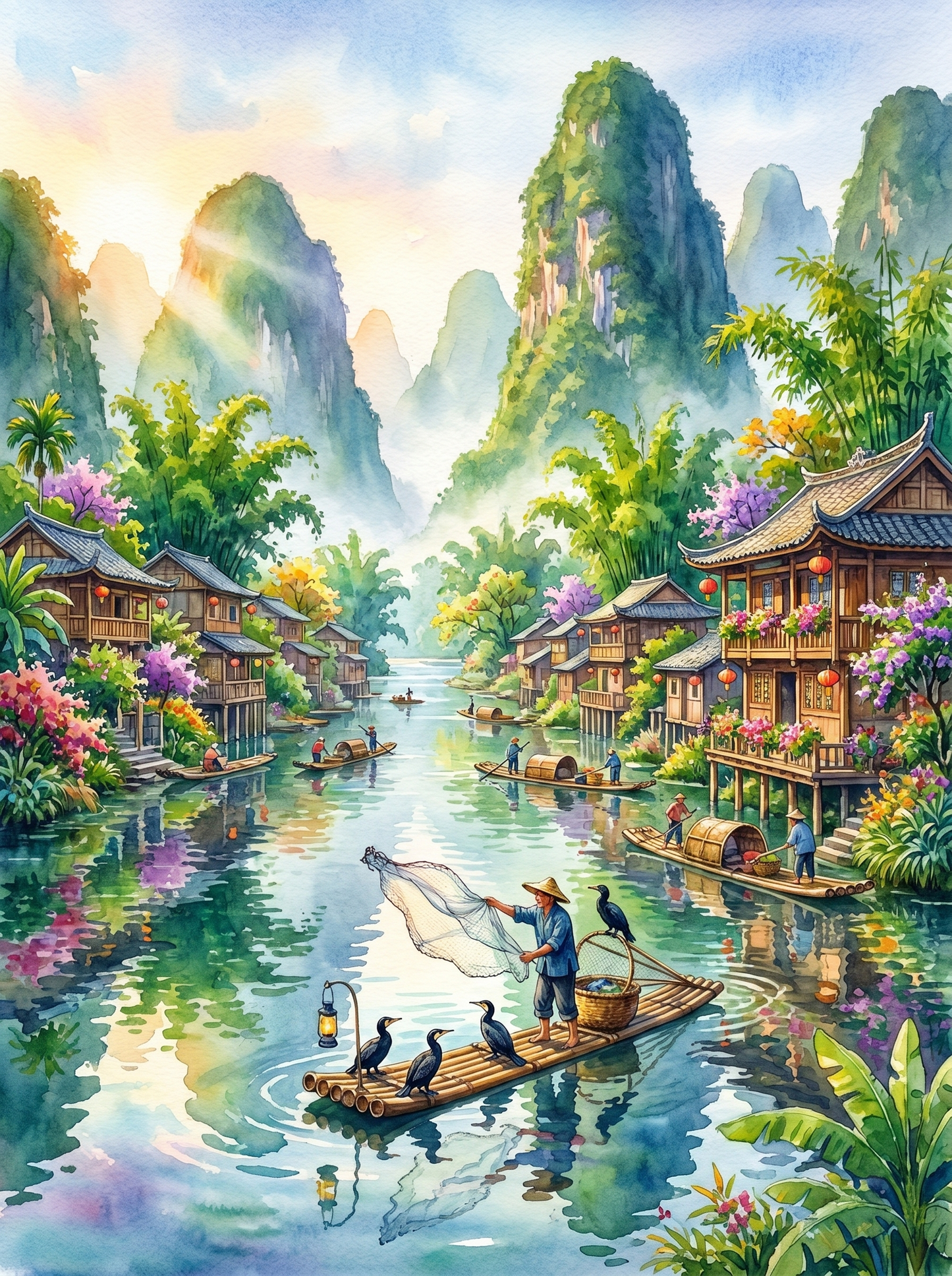 Guilin River Village (150 Color Diamond Painting)