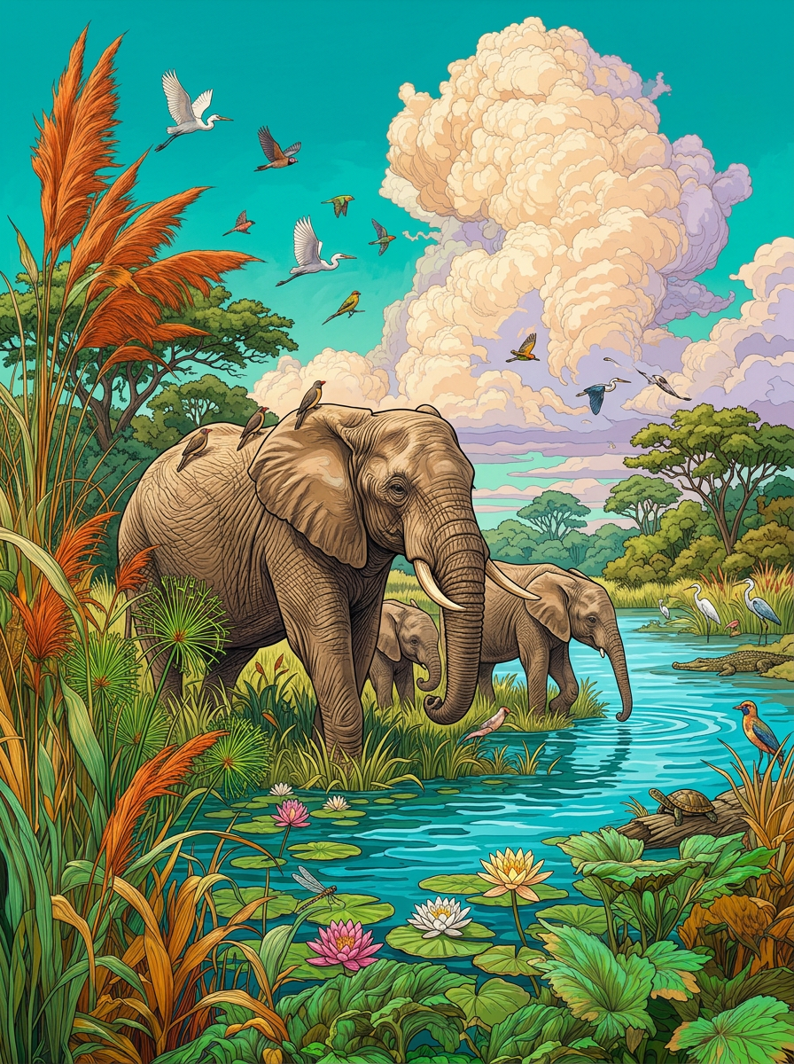 Elephant Oasis Gathering (100 Color Diamond Painting) Diamond Painting kit