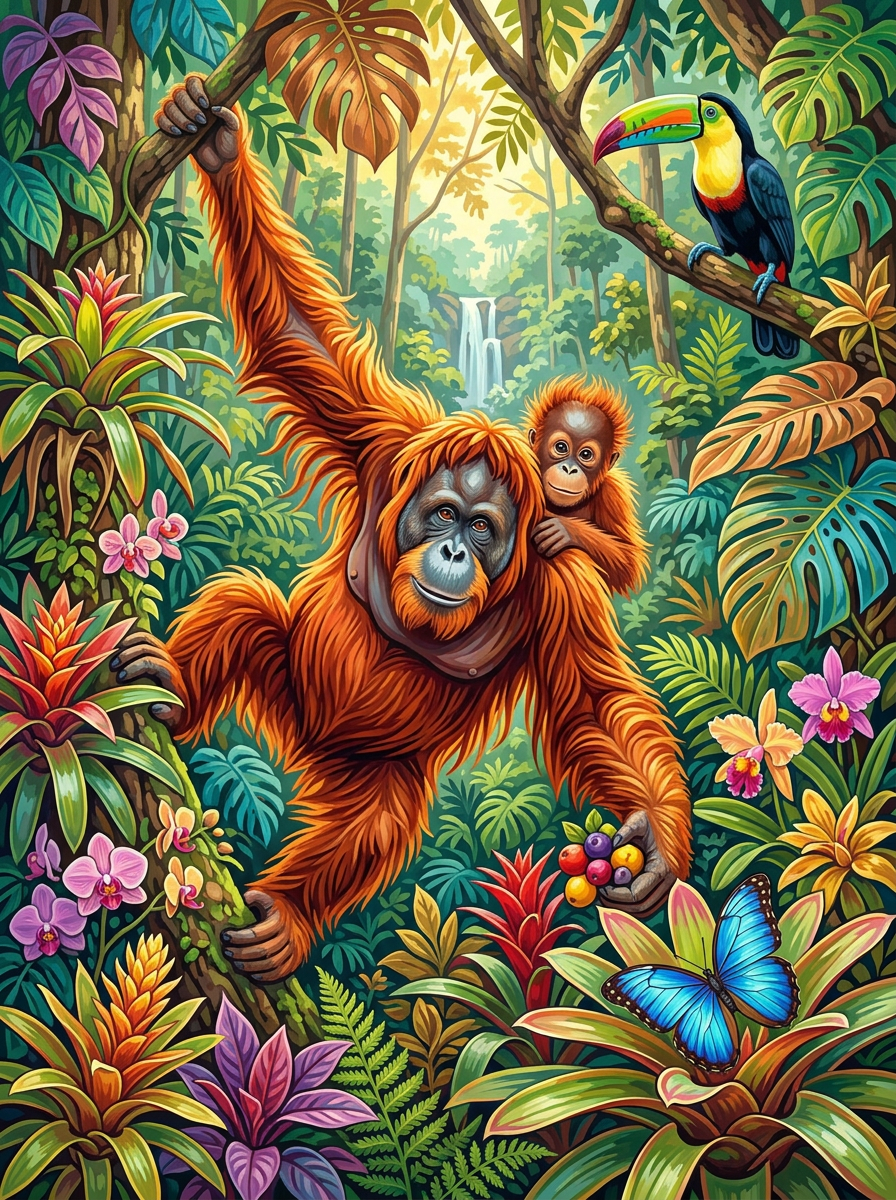 Playful Jungle Orangutan (100 Color Diamond Painting)