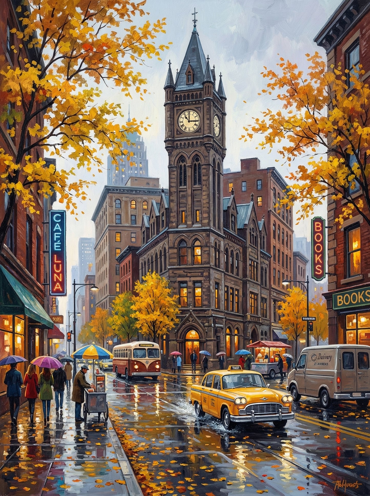 Rainy City Clock Tower Taxi Street (100 Color Diamond Painting) Diamond Painting kit