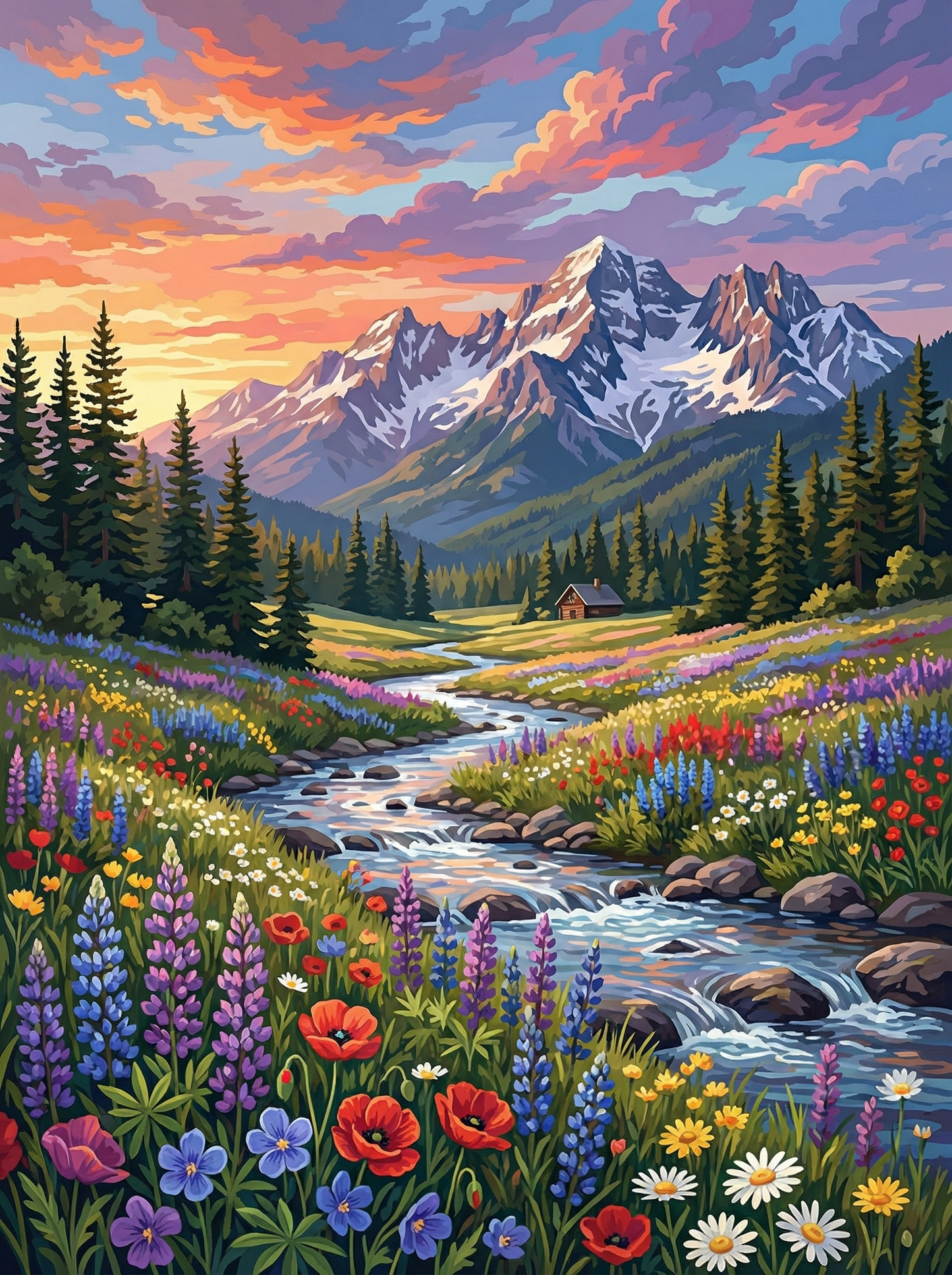 Alpine Meadow River Glow (100 Color Diamond Painting)