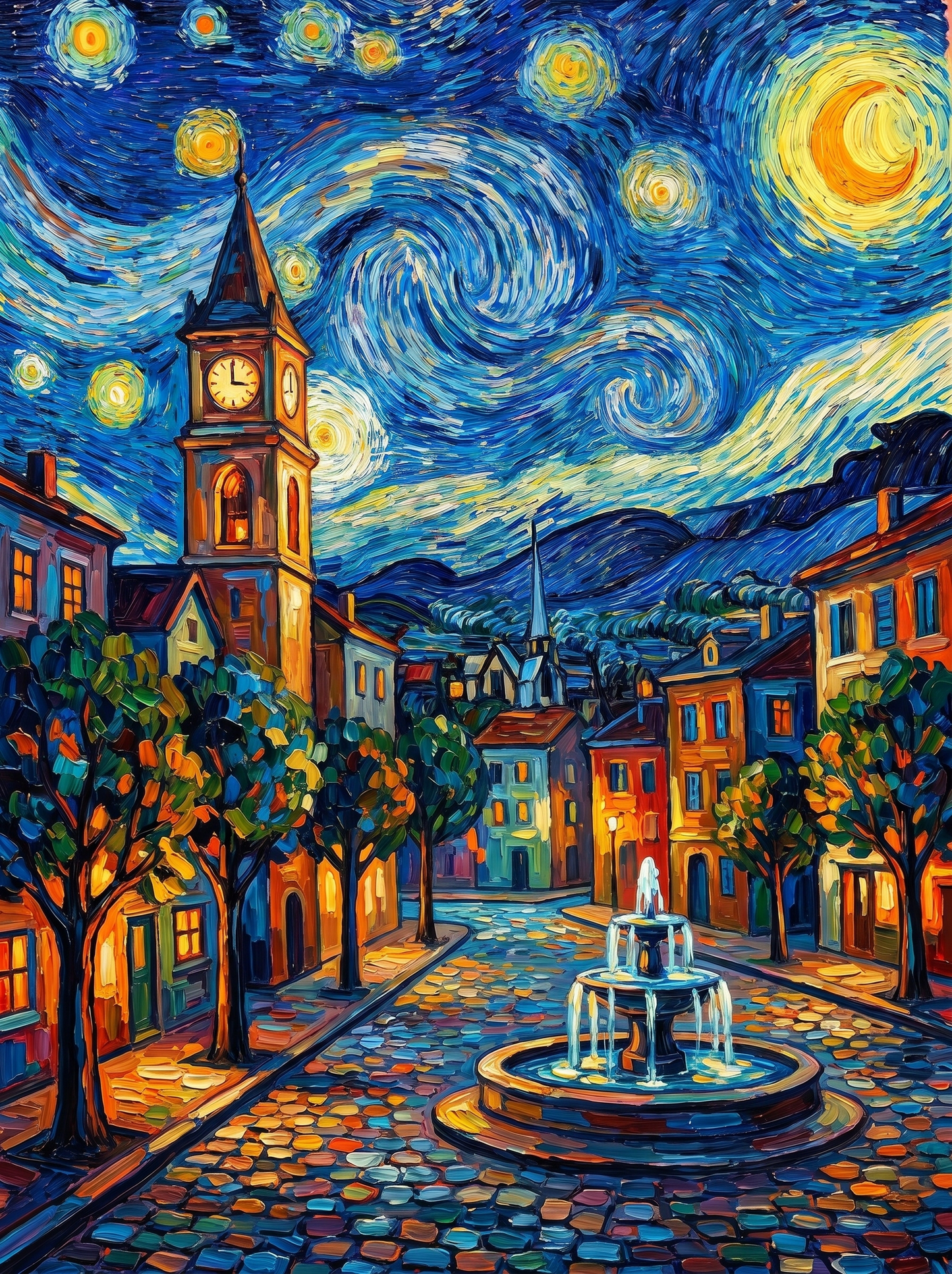 Starry Village Fountain Night (Diamond Painting)