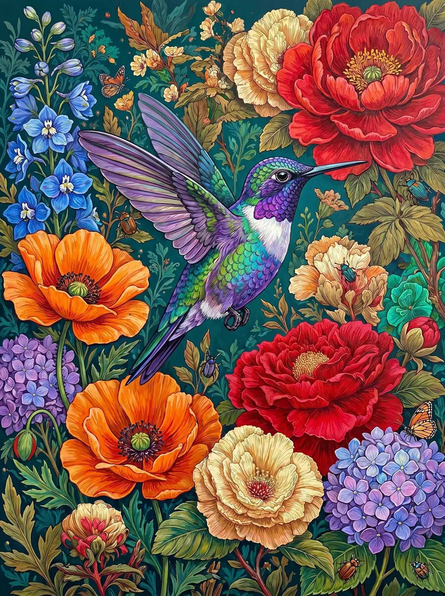 Hummingbird Peony Poppy (Diamond Painting)