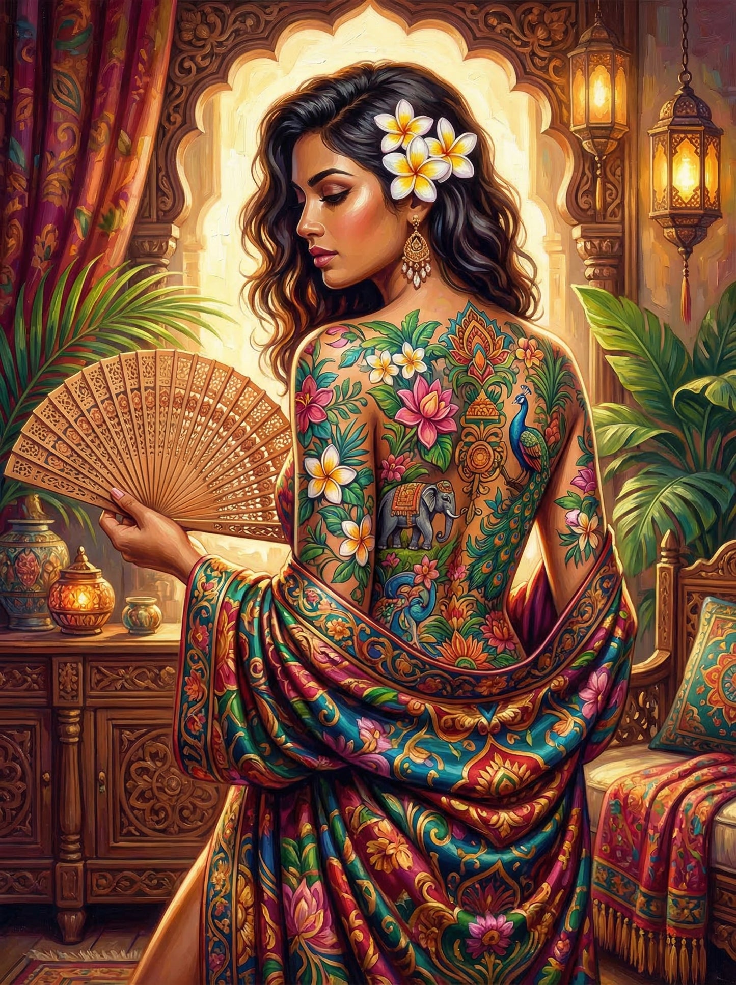 Indian Floral Tattoo Fan (100 Color Diamond Painting)