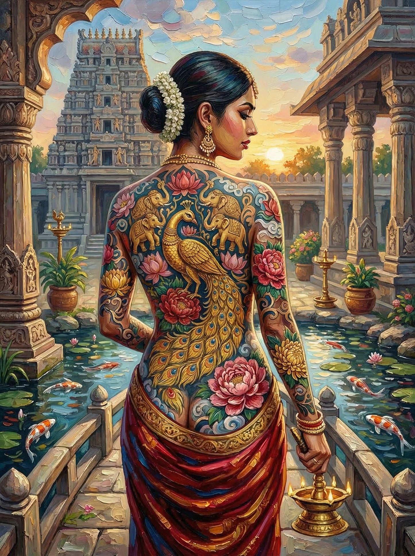 Indian Peacock Temple Woman (100 Color Diamond Painting) Diamond Painting kit