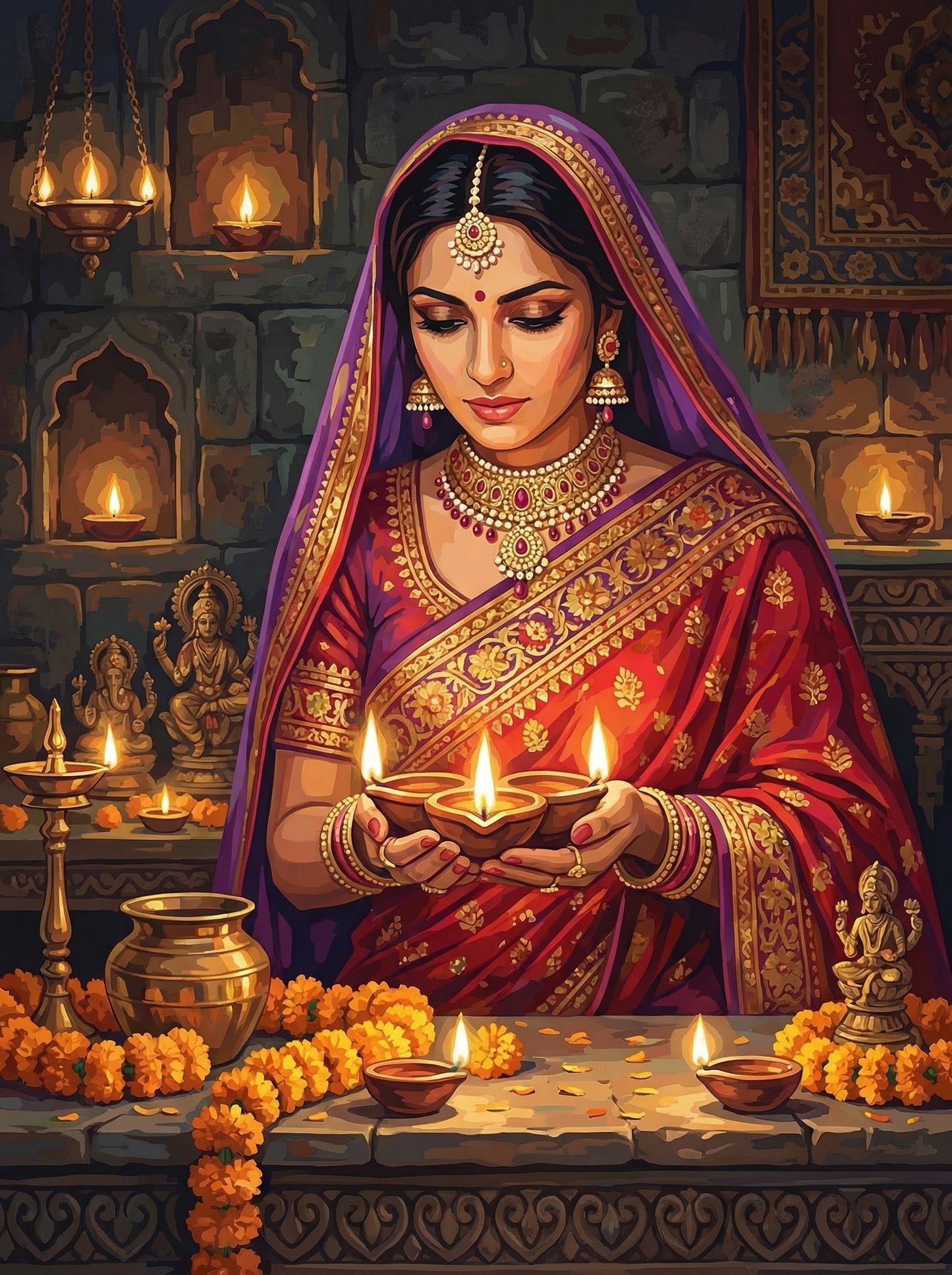 Indian Woman Diwali Candles (100 Color Diamond Painting) Diamond Painting kit
