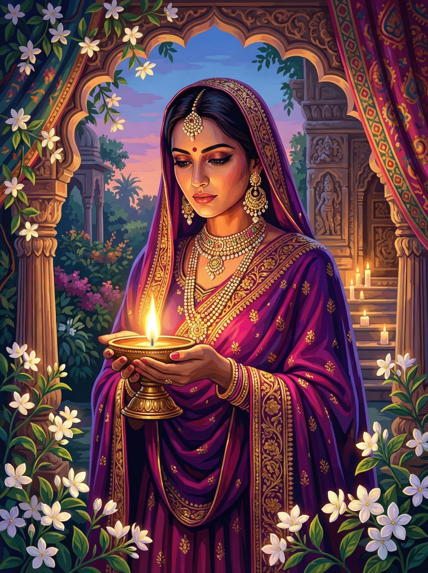 Indian Woman Diwali Lamp Palace (100 Color Diamond Painting)