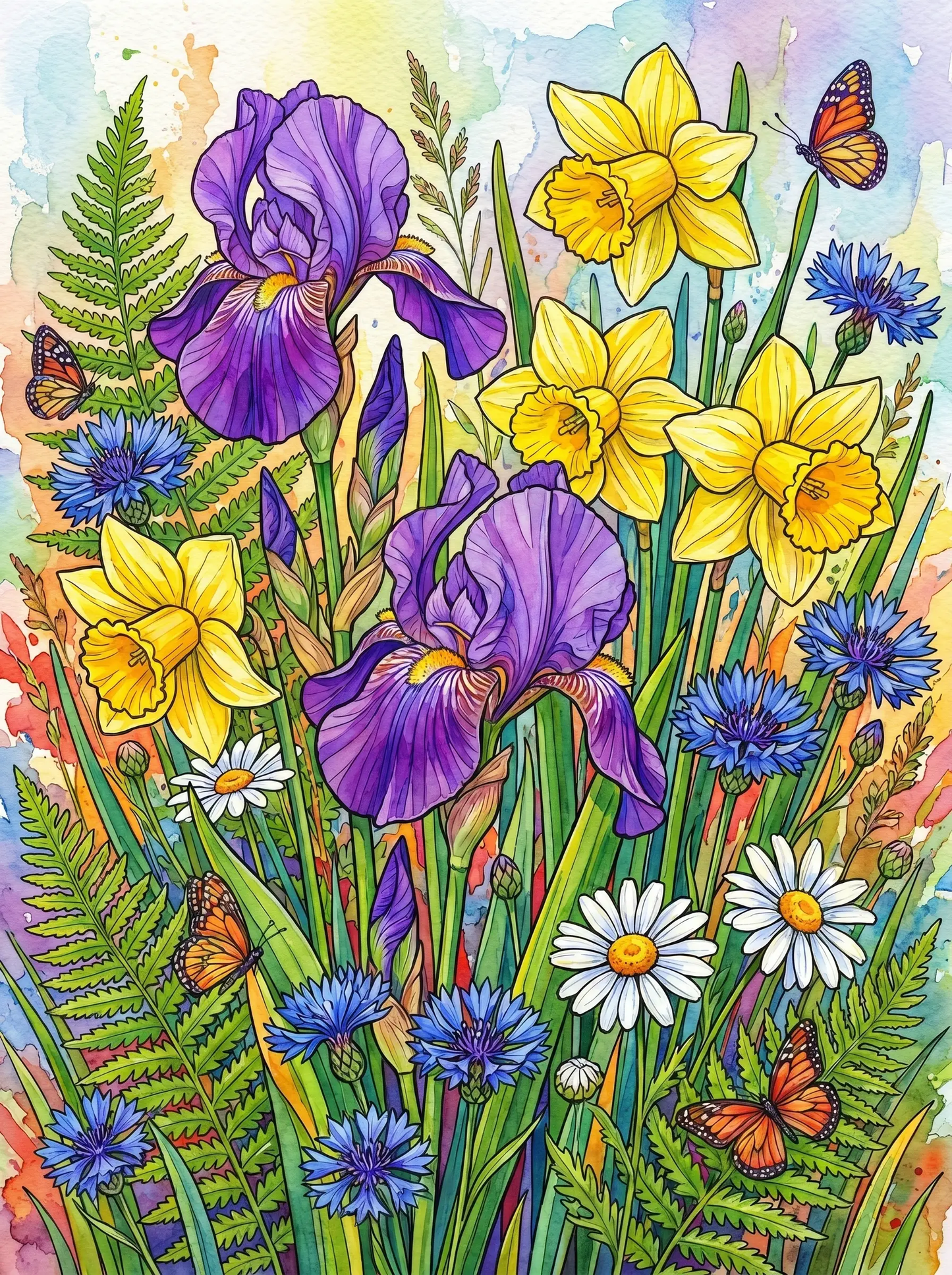 Iris Daffodil Meadow Watercolor (Diamond Painting)