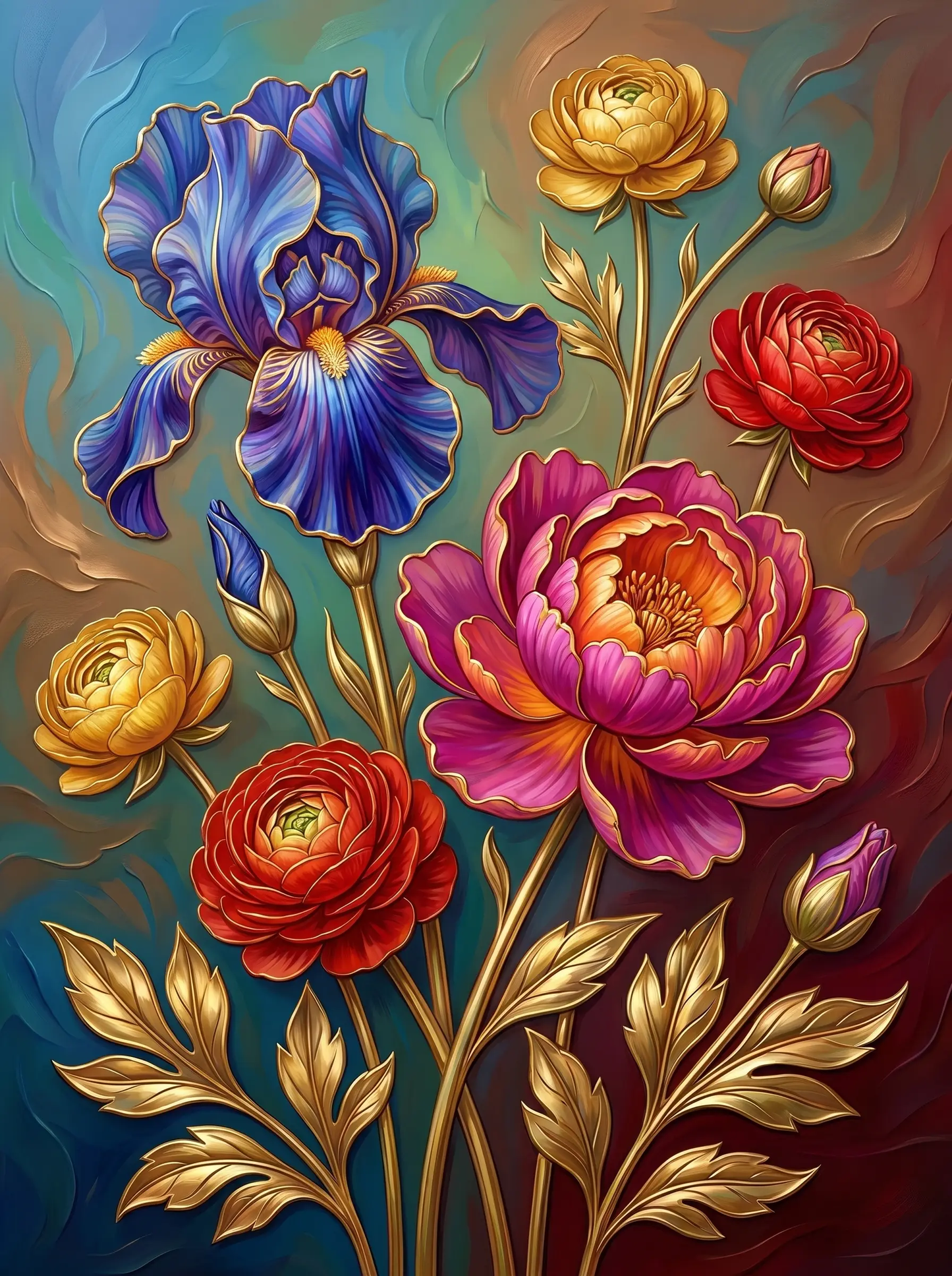 Iris Peony Gold Relief (Diamond Painting)