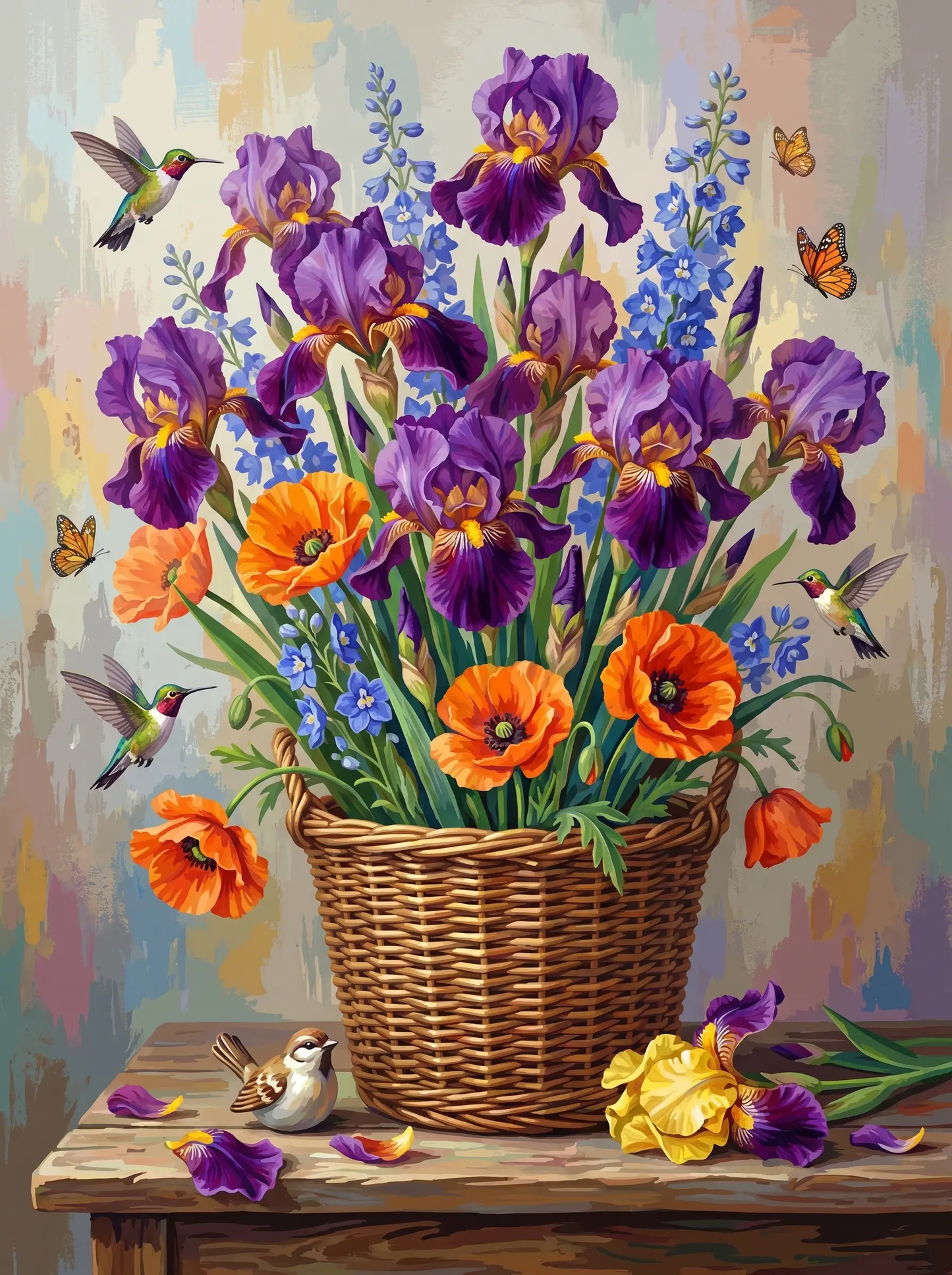 Iris Poppy Basket Hummingbirds (Diamond Painting)