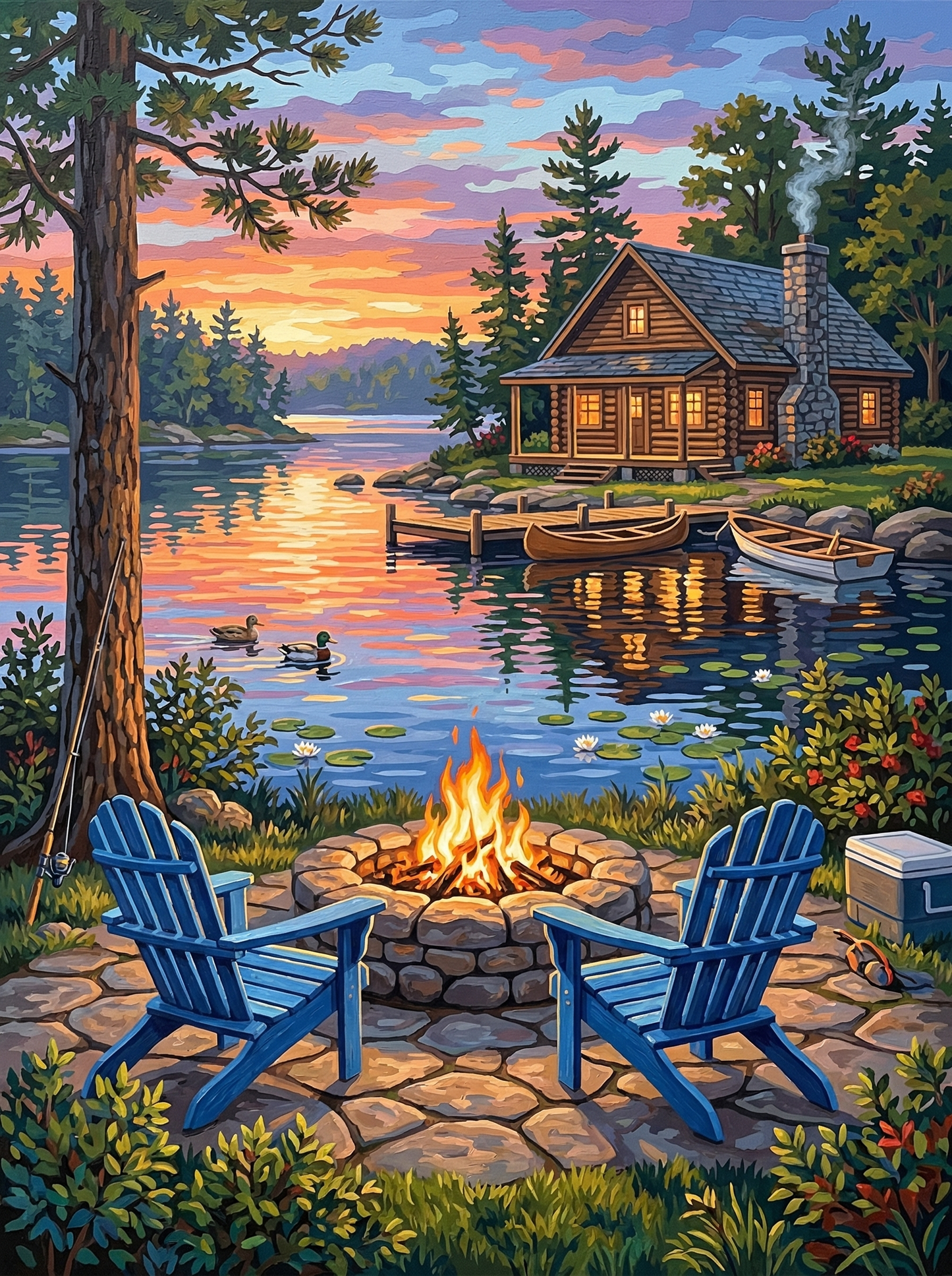 Lakeside Cabin Fireplace Sunset (100 Color Diamond Painting)