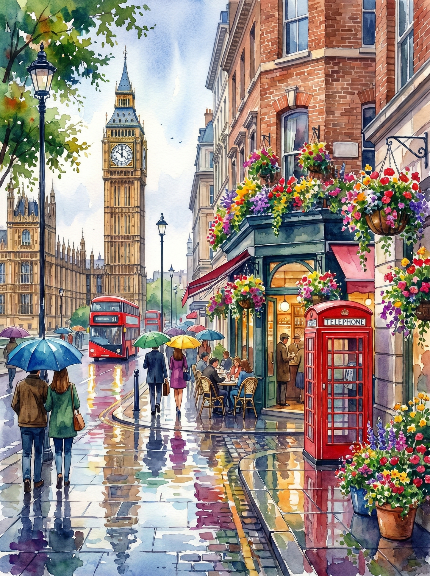 London Rainy Cafe Bigben Watercolor (150 Color Diamond Painting)