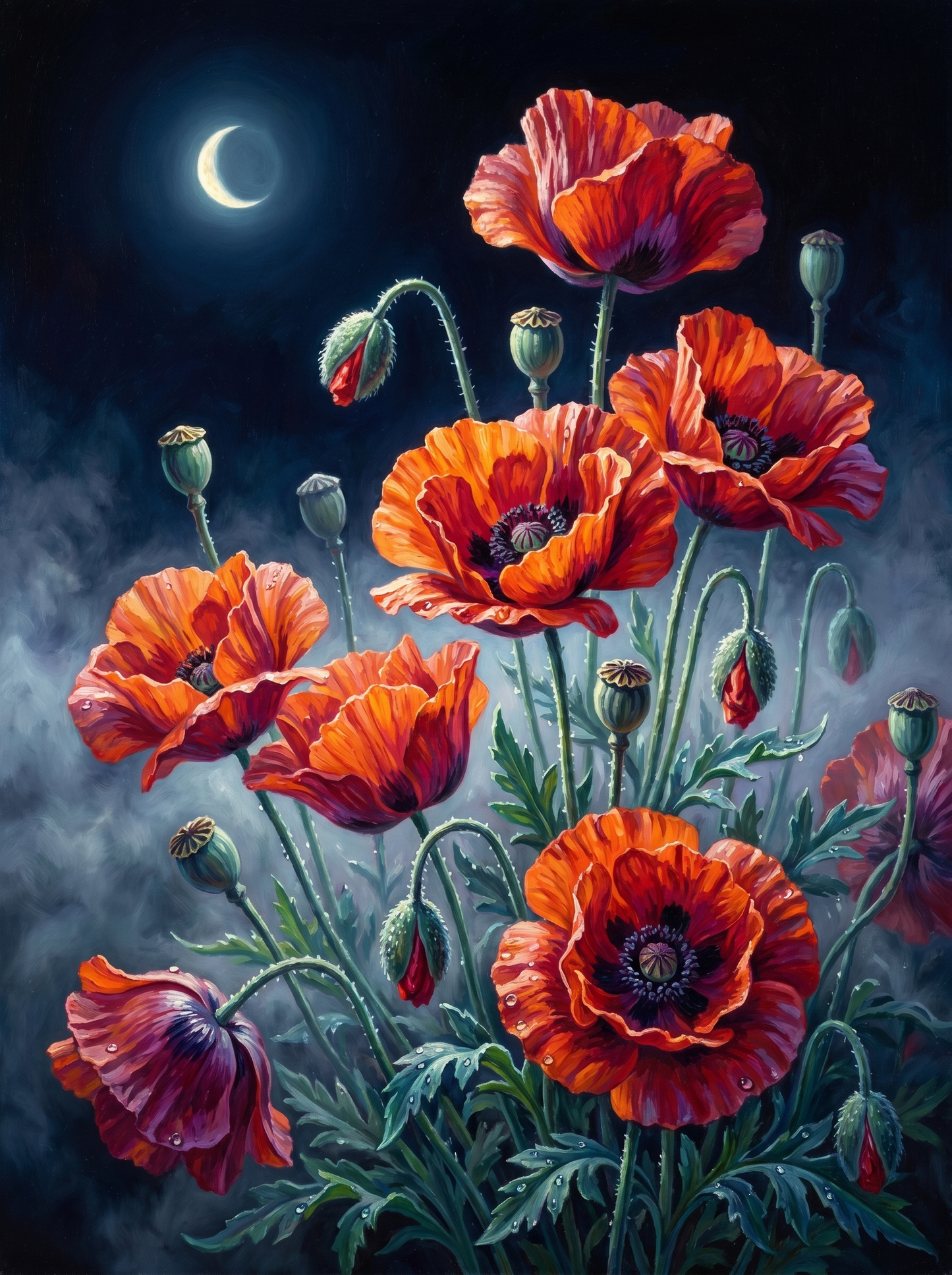 Moonlit Poppies Dark (Diamond Painting)