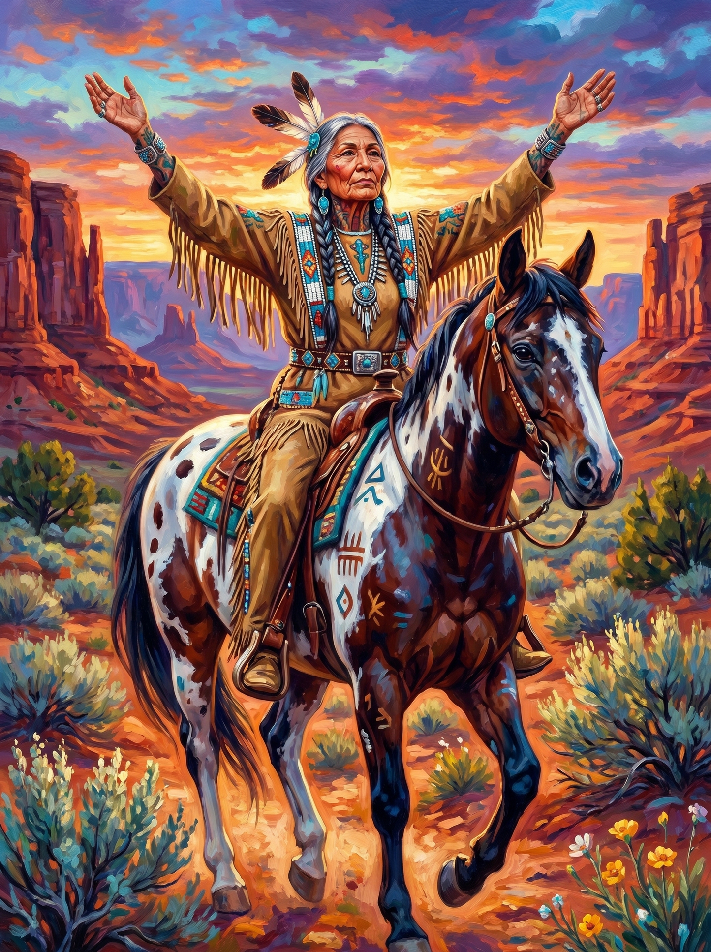 Native Elder Horseback Arms Raised (150 Color Diamond Painting)
