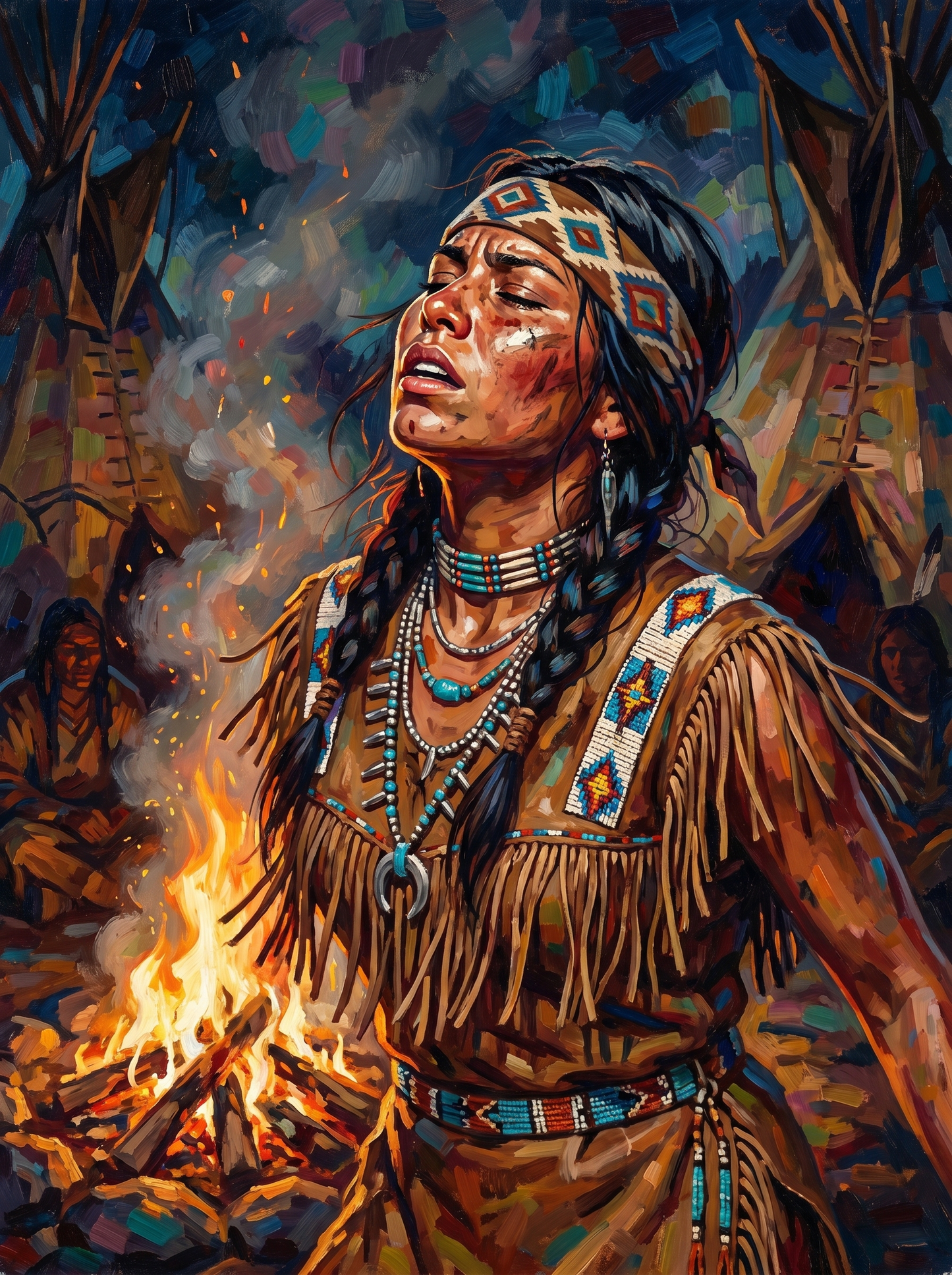 Native Woman Campfire Tipi Song (150 Color Diamond Painting)
