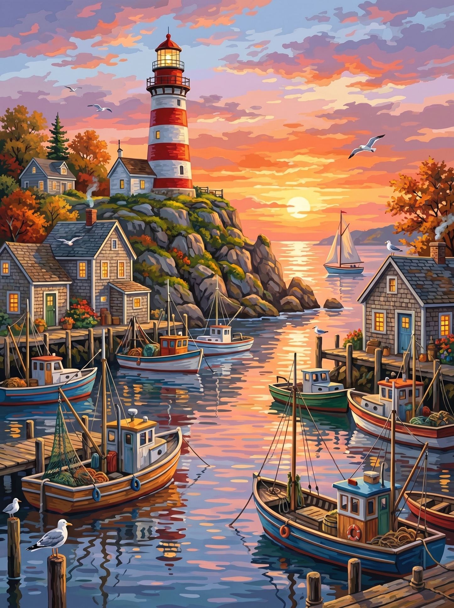 New England Lighthouse Harbour (150 Color Diamond Painting)