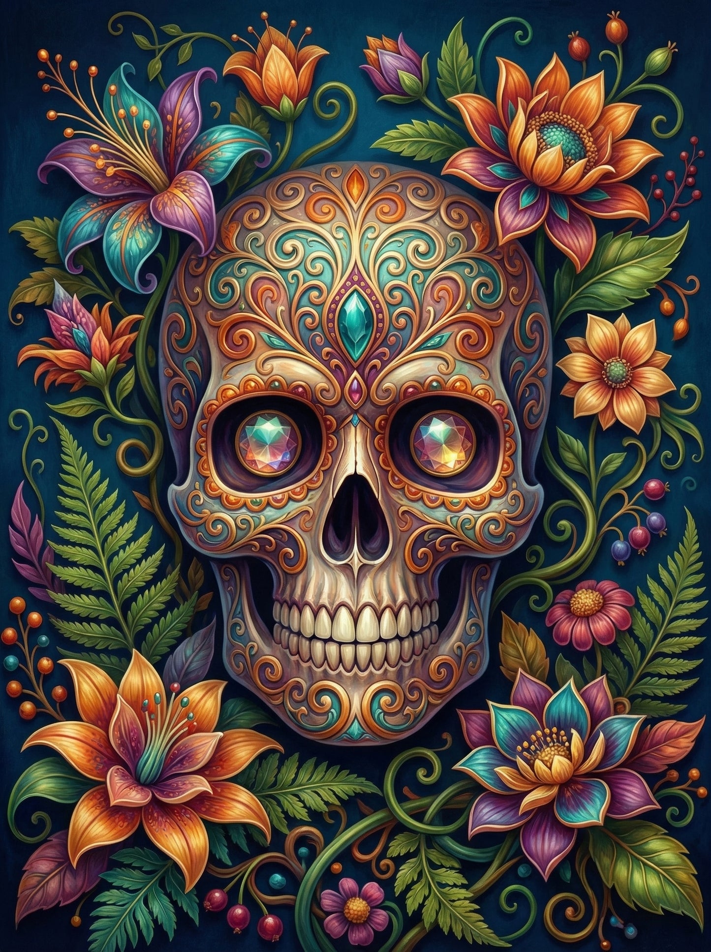 Ornate Skull Flowers (100 Color Diamond Painting)