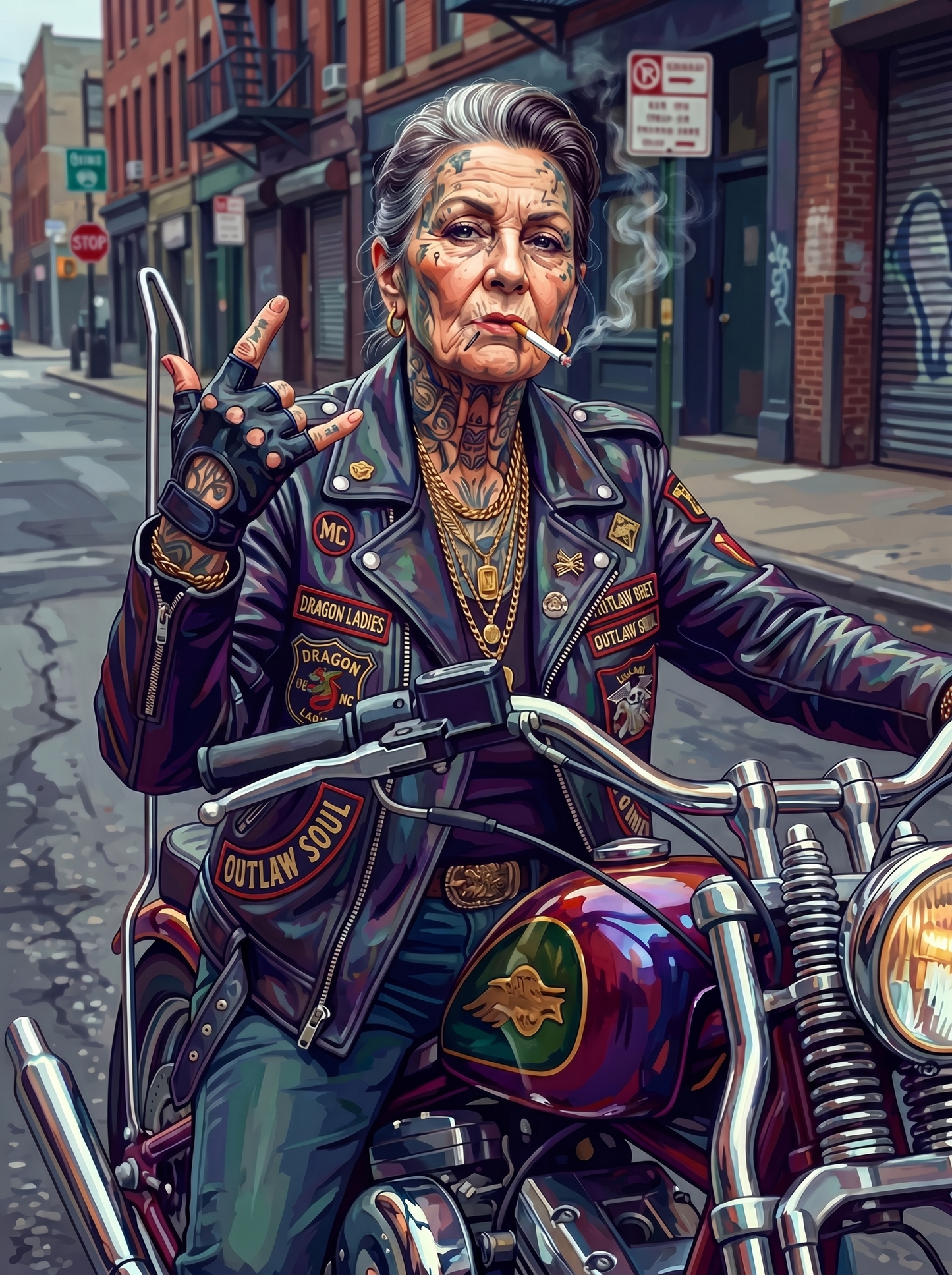 Outlaw Biker Granny Street (150 Color Diamond Painting)