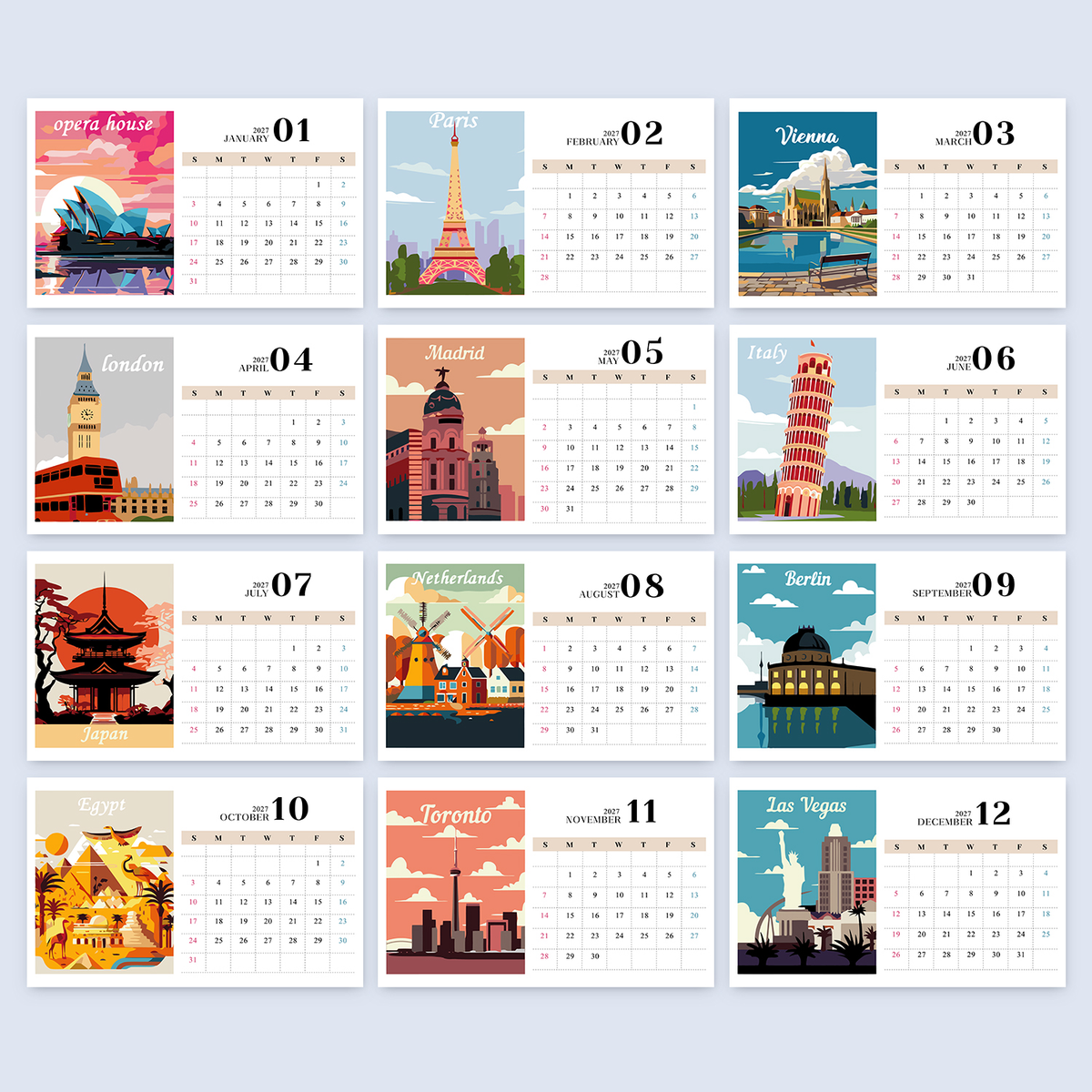 Glowing Landmarks of the World 2027 calendar – what's in the kit: the 12 monthly designs to paint