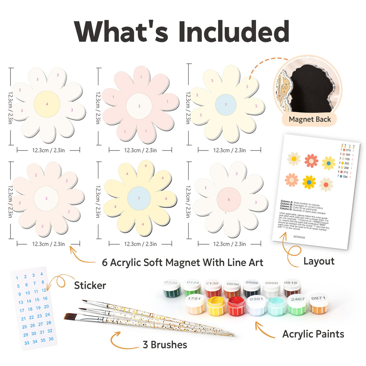 Sherbet-Hued Daisy Heads fridge magnets – what's in the kit: the 6 soft magnets, numbered paints, brushes, layout sheet and stickers