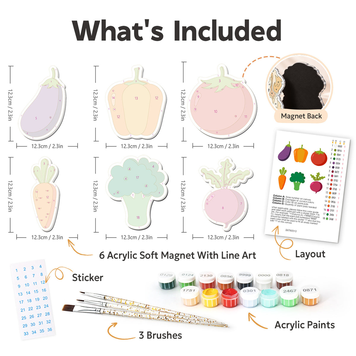 Beetroot and Broccoli Harvest fridge magnets – what's in the kit: the 6 soft magnets, numbered paints, brushes, layout sheet and stickers