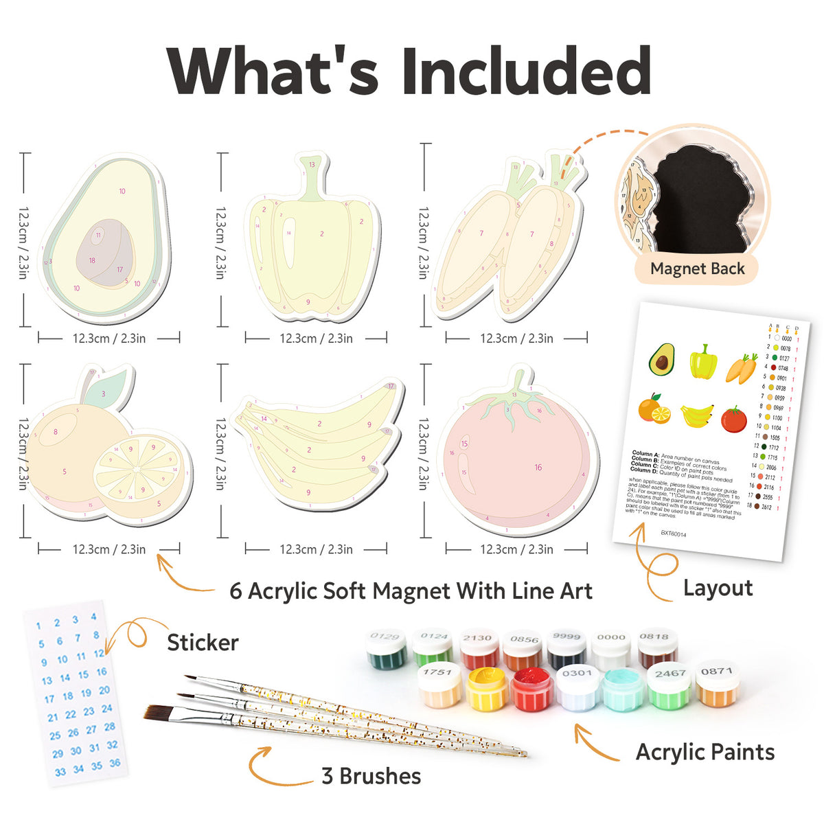 Avocado and Banana Market Haul fridge magnets – what's in the kit: the 6 soft magnets, numbered paints, brushes, layout sheet and stickers