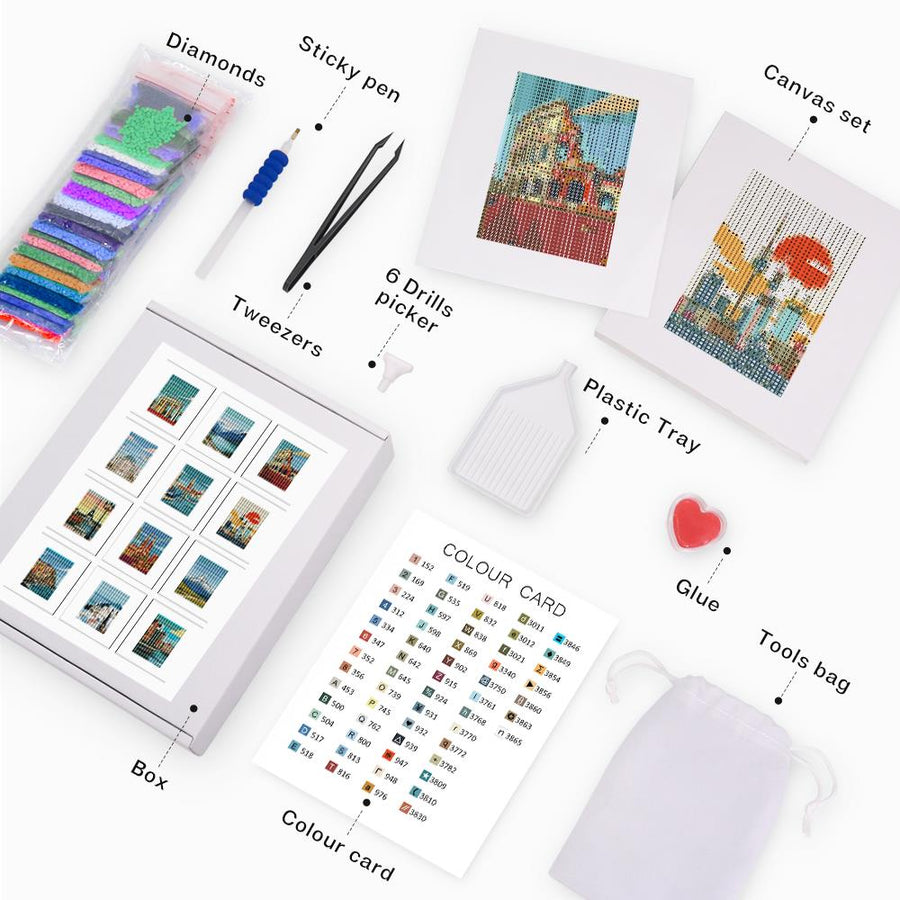 Mini diamond painting kit contents
