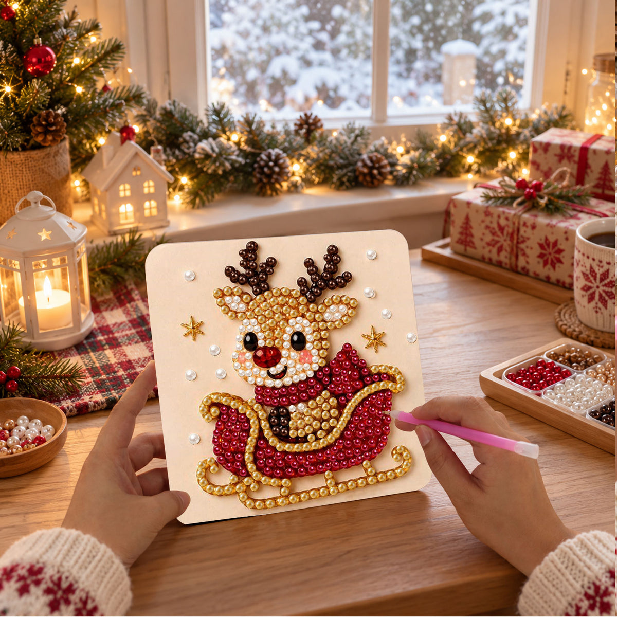 Reindeer Riding a Red Sleigh (Pearl Painting Easel Kit)
