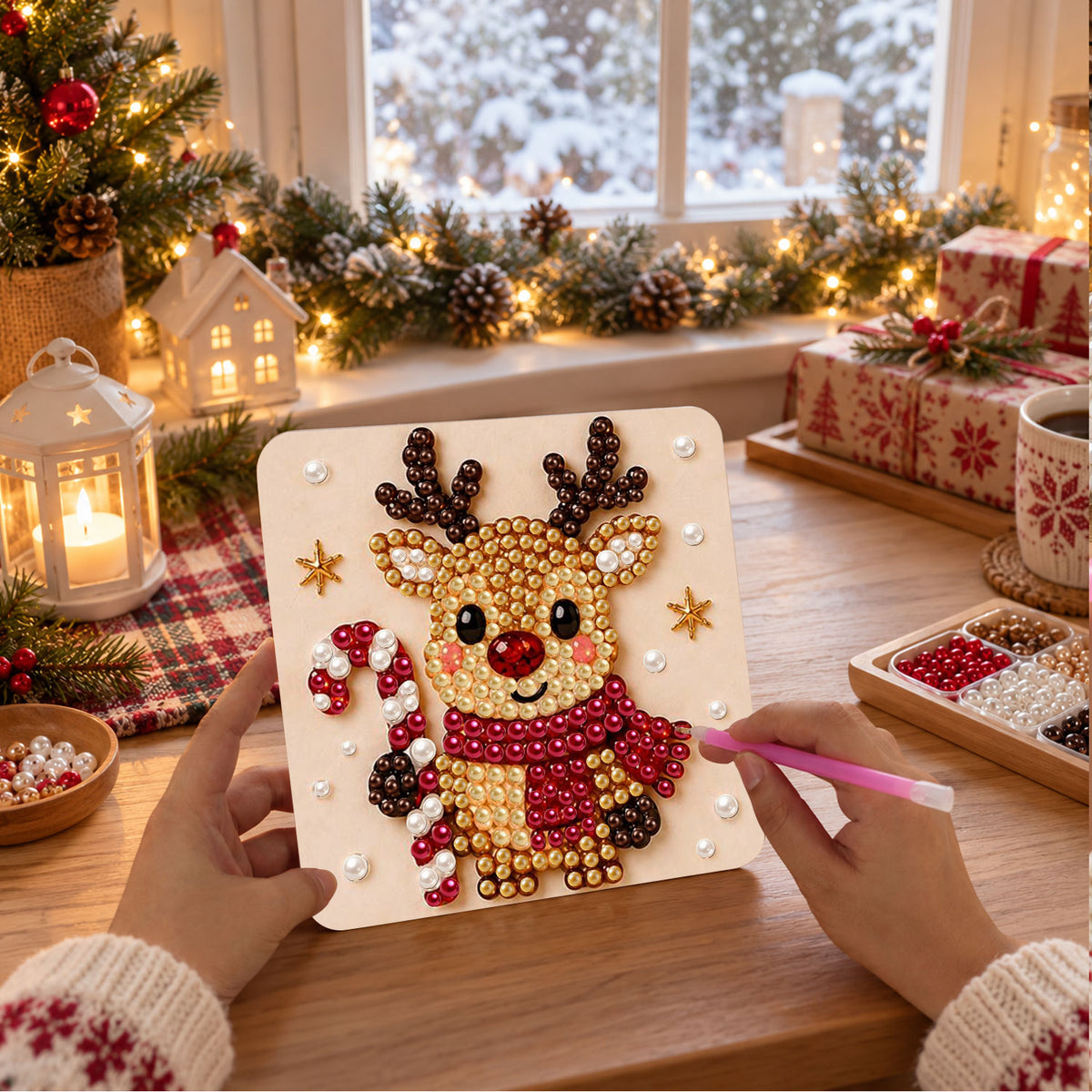 Red-Scarf Reindeer and Candy Cane (Pearl Painting Easel Kit)