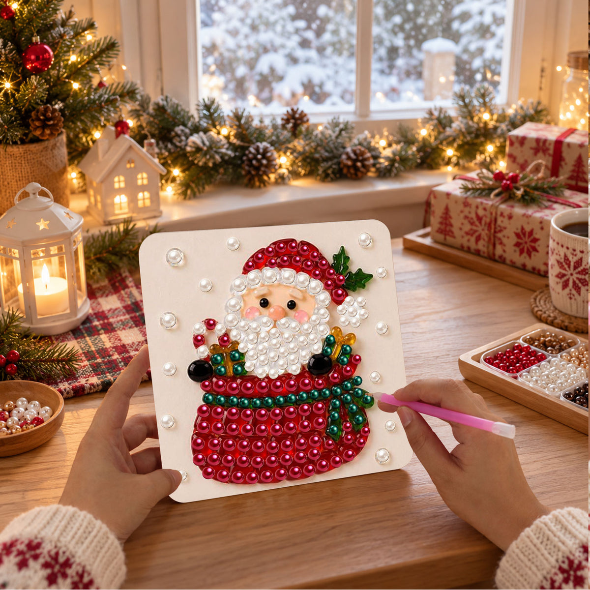 Santa Peeking Over a Red Sack (Pearl Painting Easel Kit)