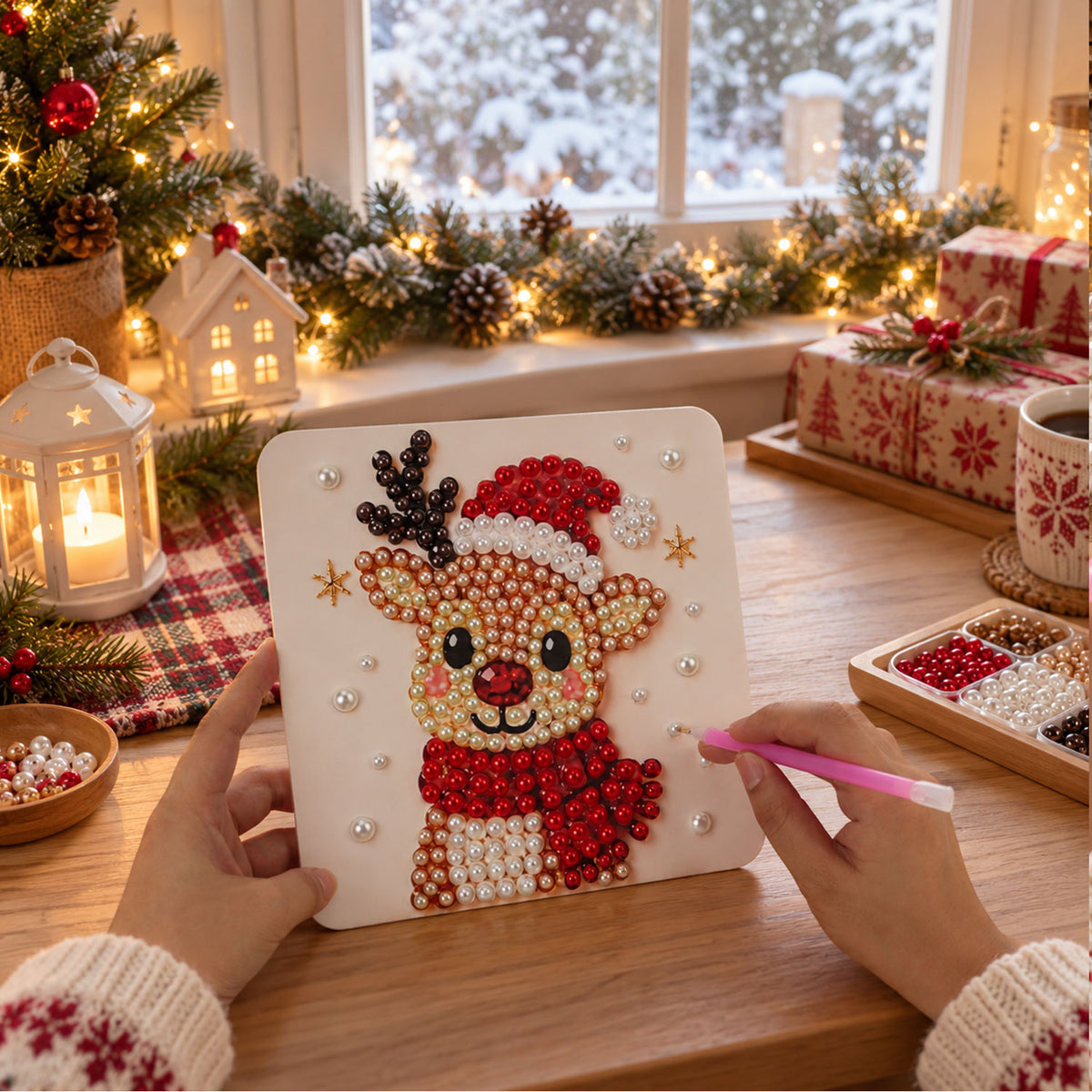 Bundled-Up Reindeer in Red (Pearl Painting Easel Kit)