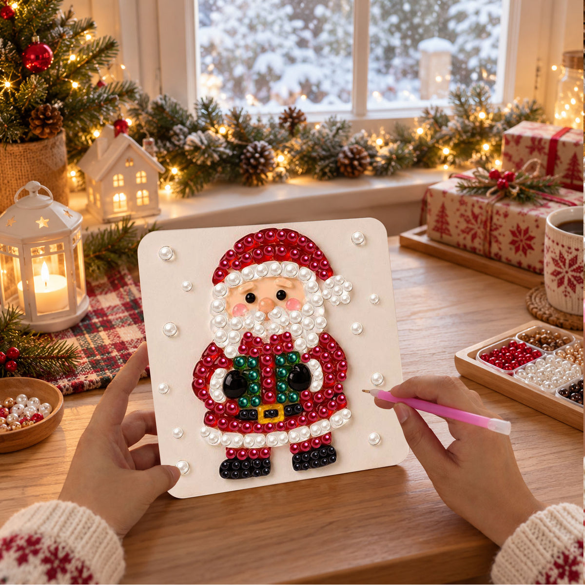 Santa Holding a Green Present (Pearl Painting Easel Kit)
