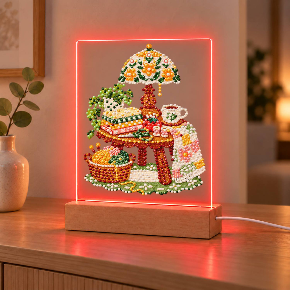 Yarn Basket and Floral Lamp (Light-Up Pearl Painting)