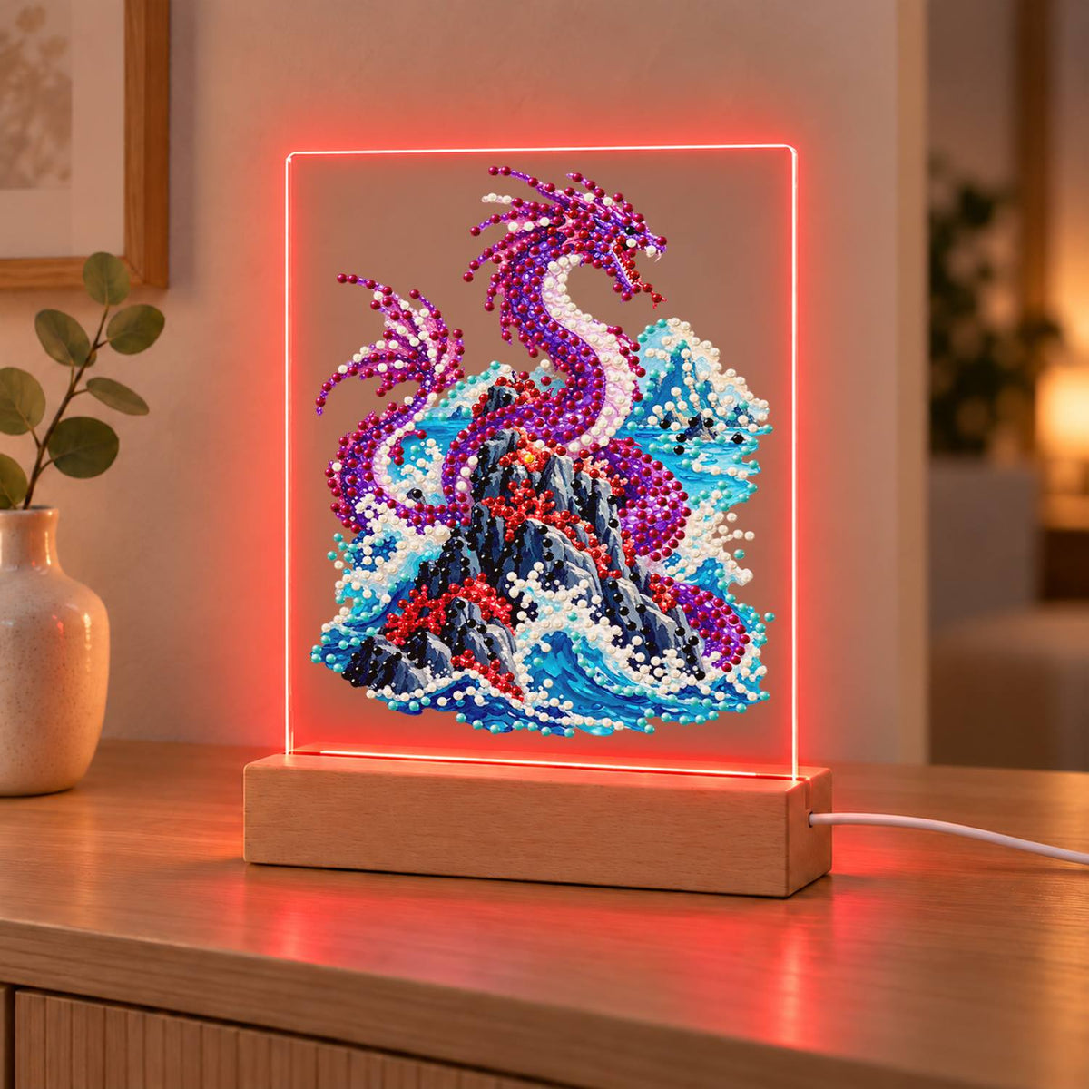 Violet Dragon Over Crashing Waves (Light-Up Pearl Painting)