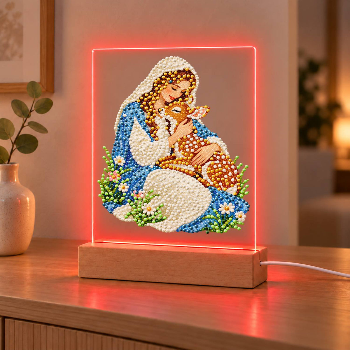 Veiled Maiden Hugging a Fawn (Light-Up Pearl Painting)