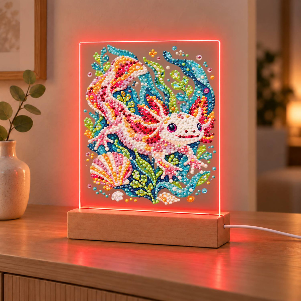 Pink Axolotl in Teal Seaweed (Light-Up Pearl Painting)