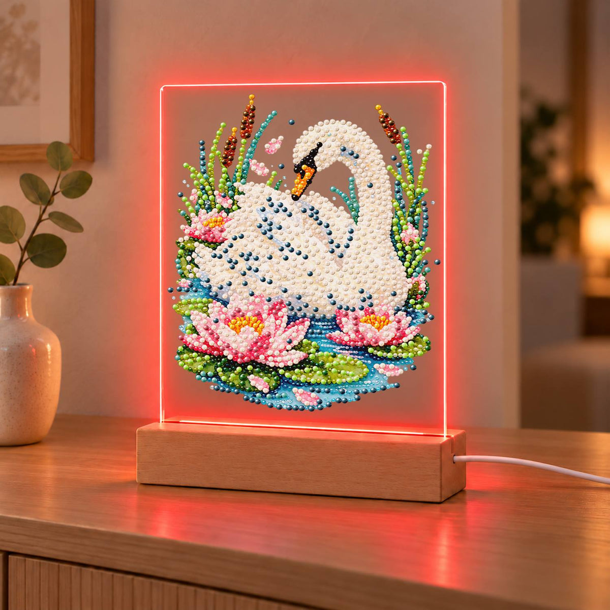Swan Among Pink Water Lilies (Light-Up Pearl Painting)
