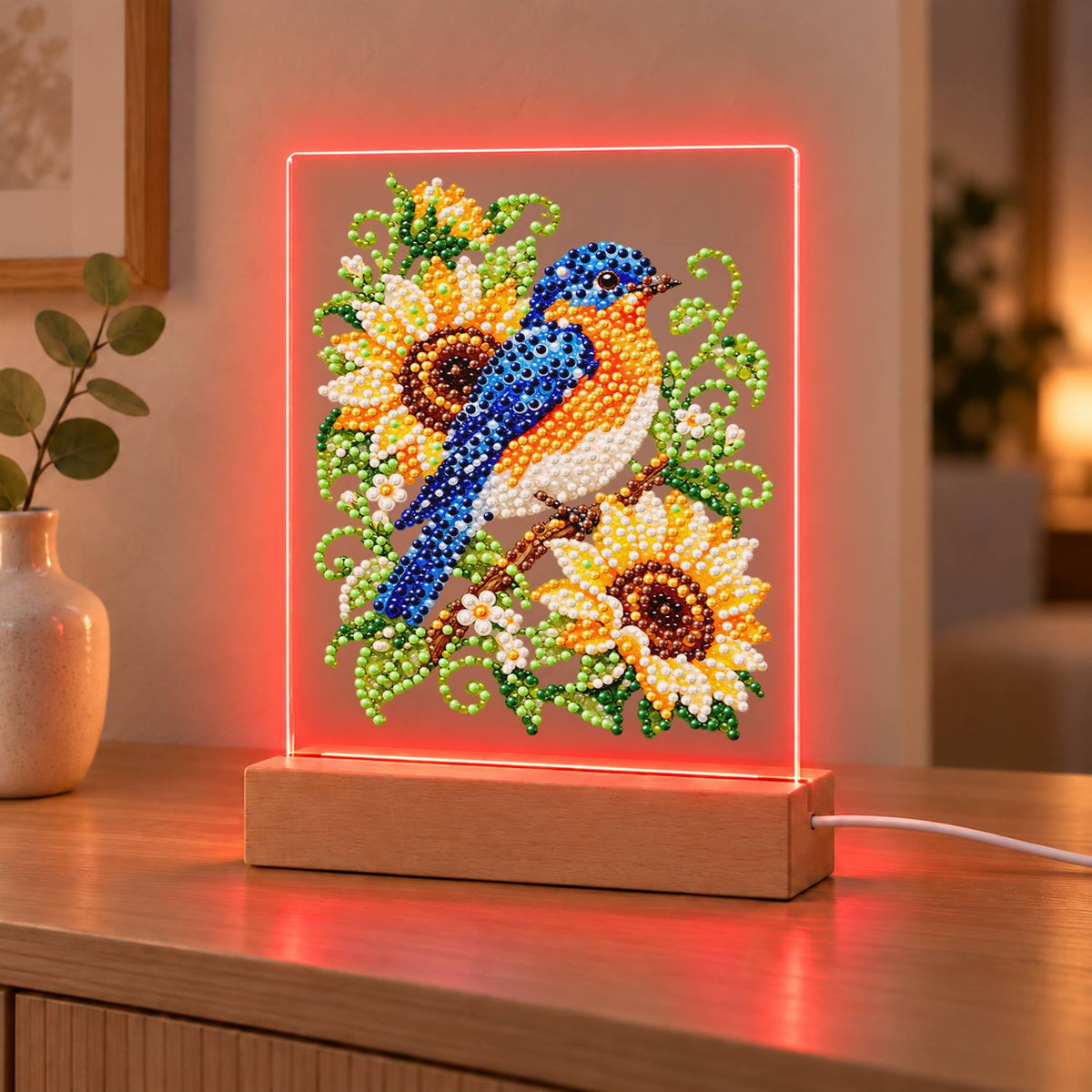 Bluebird on a Sunflower Branch (Light-Up Pearl Painting)